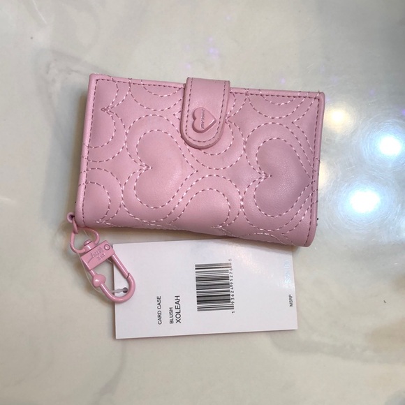 Betsey Johnson Blush Pink Card Case Wallet & Key Ring Quilted Heart NWT - Picture 1 of 16